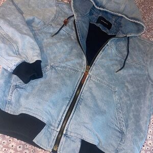 Coach Light Blue Denim Bomber Jacket with Black Trim